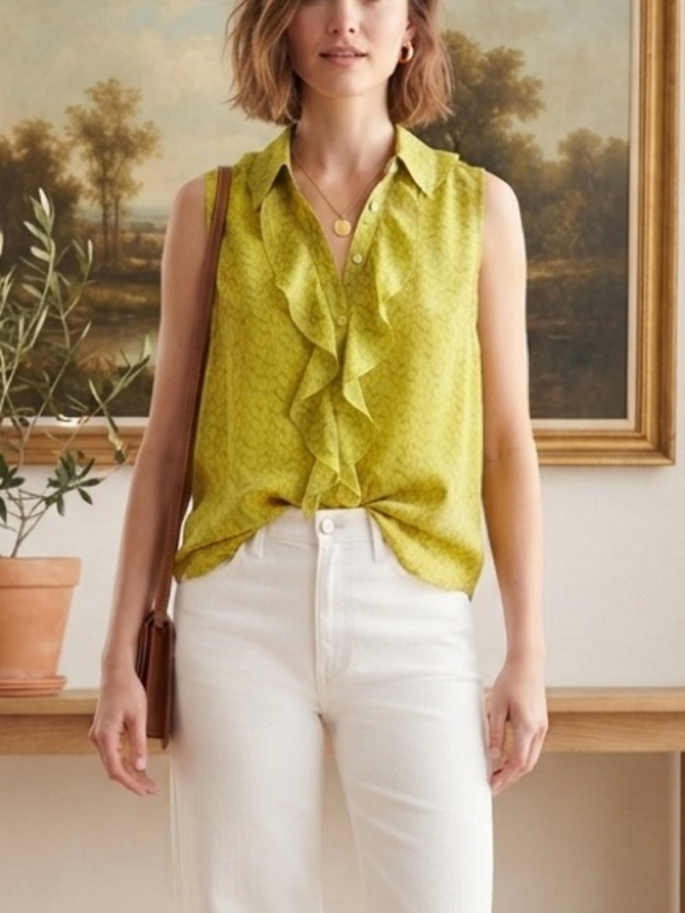 Cabi Reign Sleeveless Ruffle Top Chartreuse